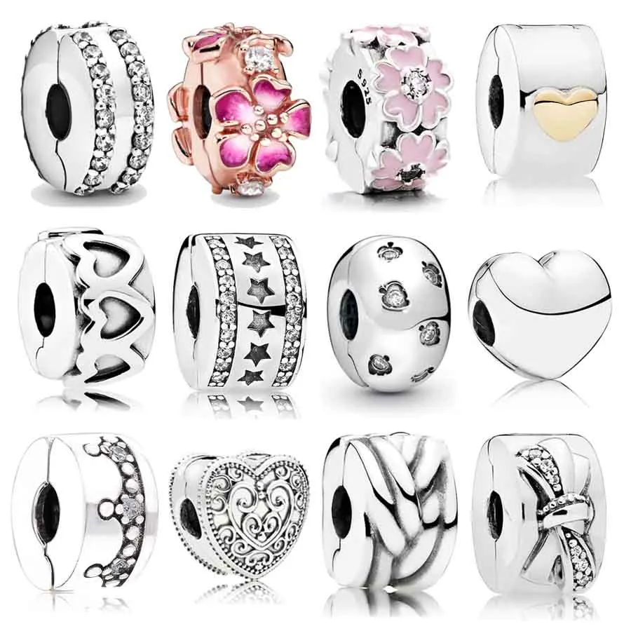 

Real Sparkling Leaves Double Lined Love Heart Clip Charm 925 Sterling Silver Original Beads Fit Fashion Bracelet DIY Jewelry