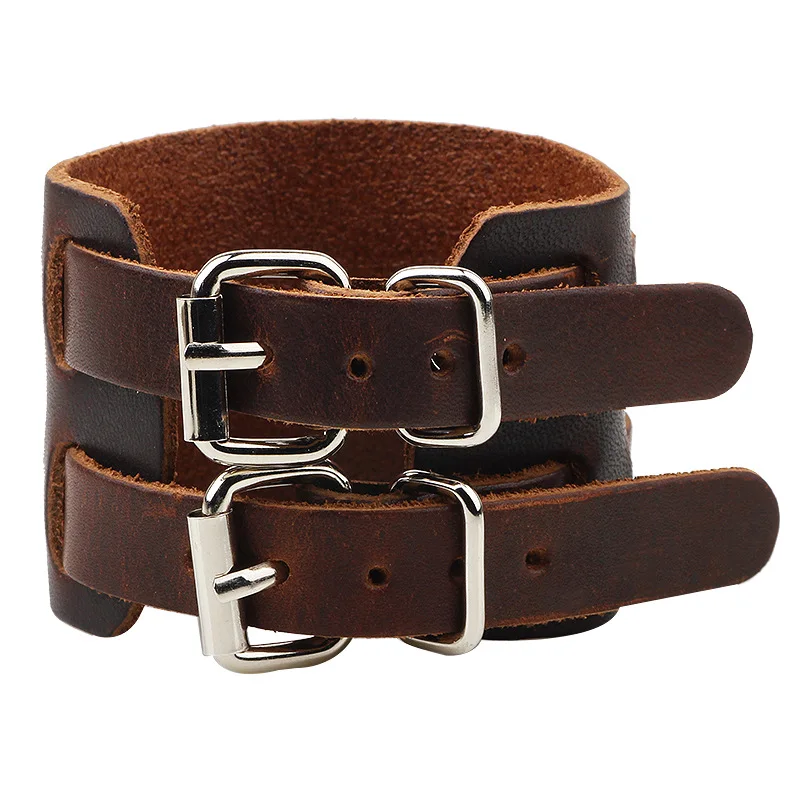PRY Sculpted Leather Buckle Bracelet Punk Unisex Wide Genuine