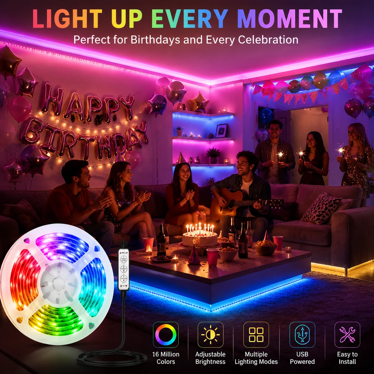 Vibrant LED Light Strip with Remote Control – USB Powered for Versatile Home and Holiday Décor