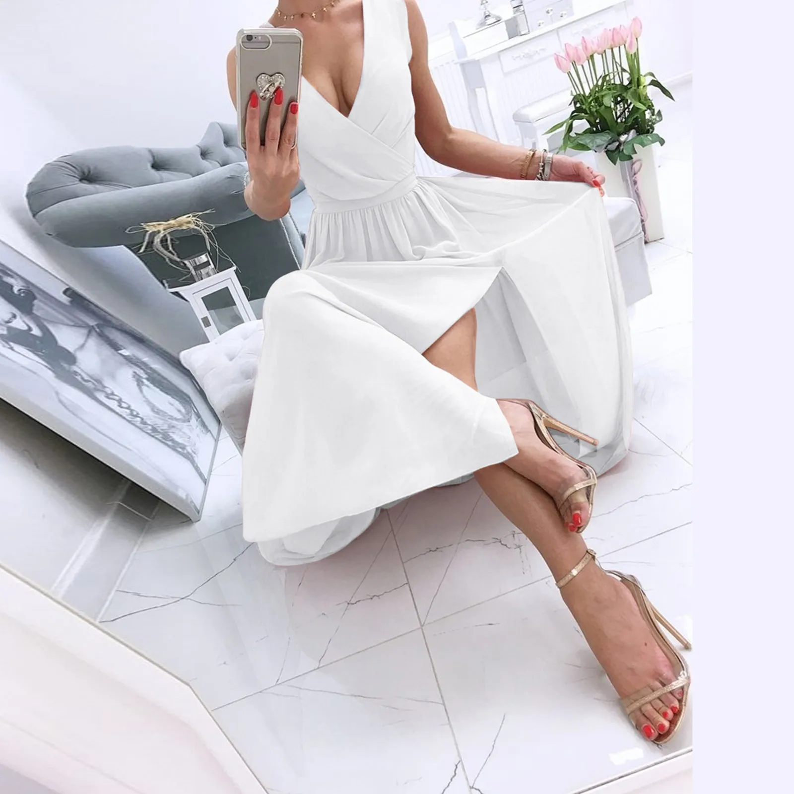 

Women's Casual Dresses Fashion Solid Color Sleeveless V Neck Side Slit A-Line White Dress Vintage Slim Ruched Party Prom Dress