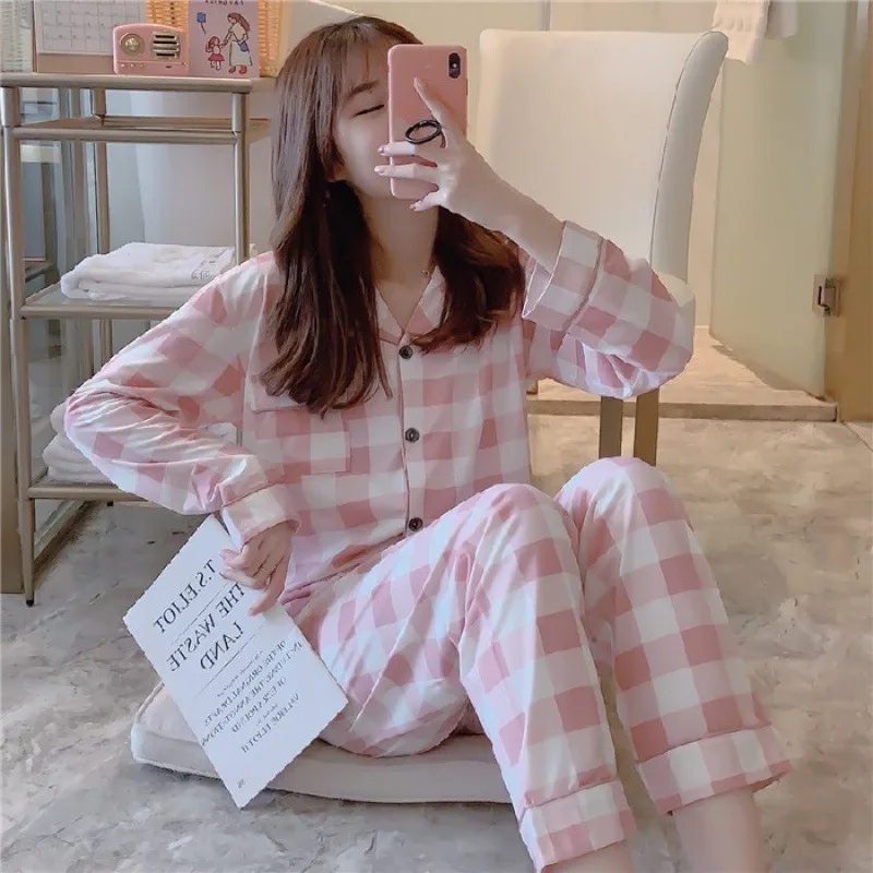 Spring Autumn Women's Thin Pajamas Lapel Long Sleeve Cardigan Pants Casual Home Clothing Set Cartoon Cute Printed Sleepwear