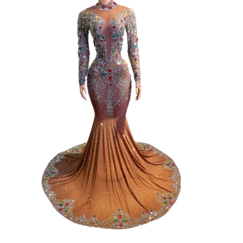 

Sexy Long Sleeves Costume Prom Party Outfit Shining Colorful Rhinestones Big Tail Evening Celebrate Dress Show Stage