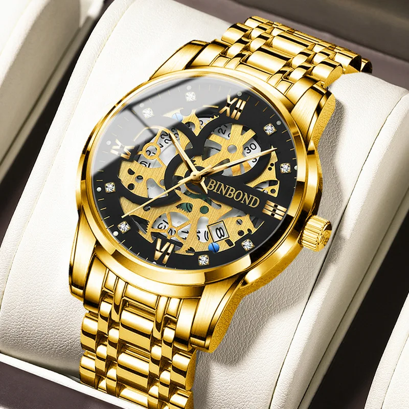 

Top Brand Men's Watches Luxury Gold Quartz Wrist Watch Original Waterproof Luminous Skeleton Dial Date Watch for Men Relogio