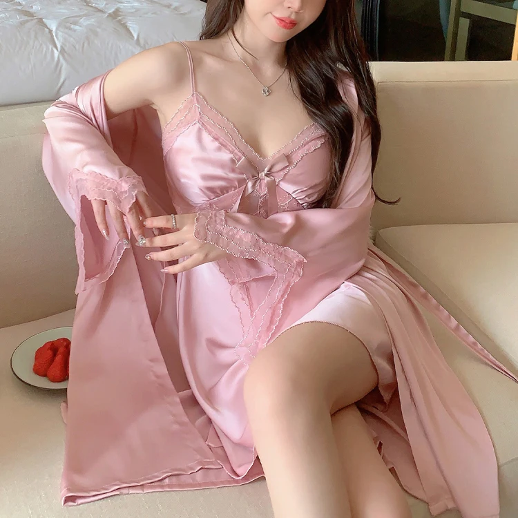 

Sexy Patchwork Lace Bathrobe Suspender Nightgown Female Nighty&Robe Set Sleep Set New Spring Summer Satin Home Dress Lounge Wear