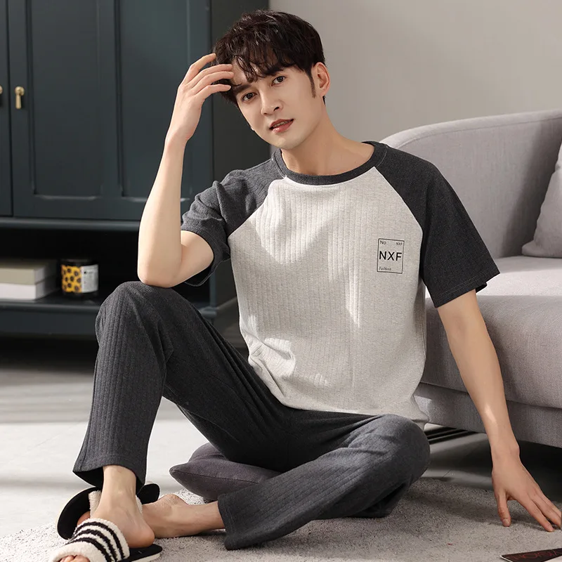 Men's Pajamas Set Combed Cotton Pyjamas Cartoon Pijamas Short-sleeve Pants Suit Loungewear Nightwear Sleepwear Homewear for Man