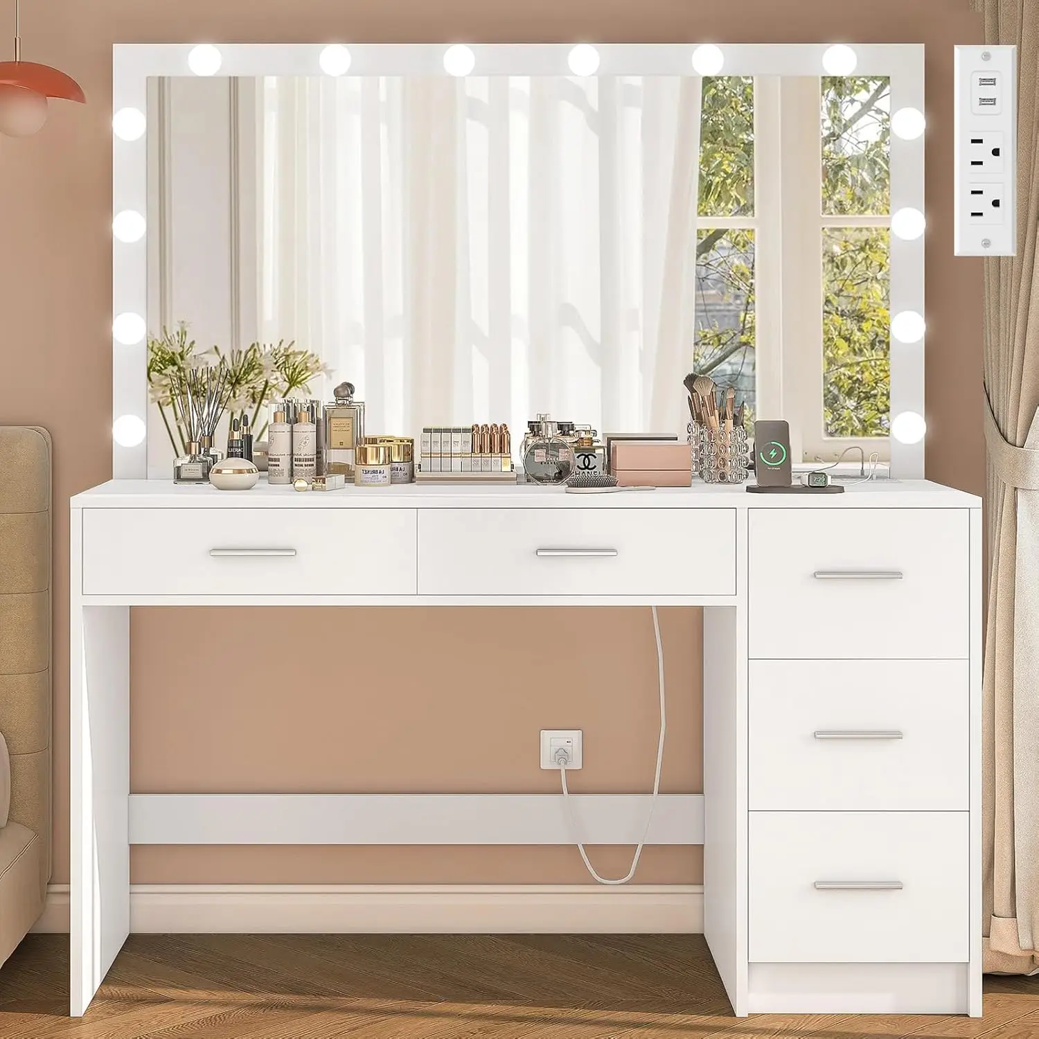 

47.2" Large Vanity Desk with Mirror & 14 LED Lights, with 5 Drawers& Charging Station, Makeup Vanity Desk, 3 Lighting Colors