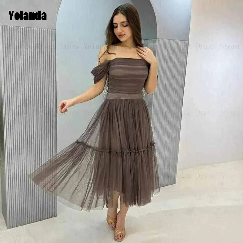 

Exquisite A-line Evening Dresses Strapless Ruffle Off-The-Shoulder Tulle Satin Open Back Party Dress Anke Length Robe de soirée