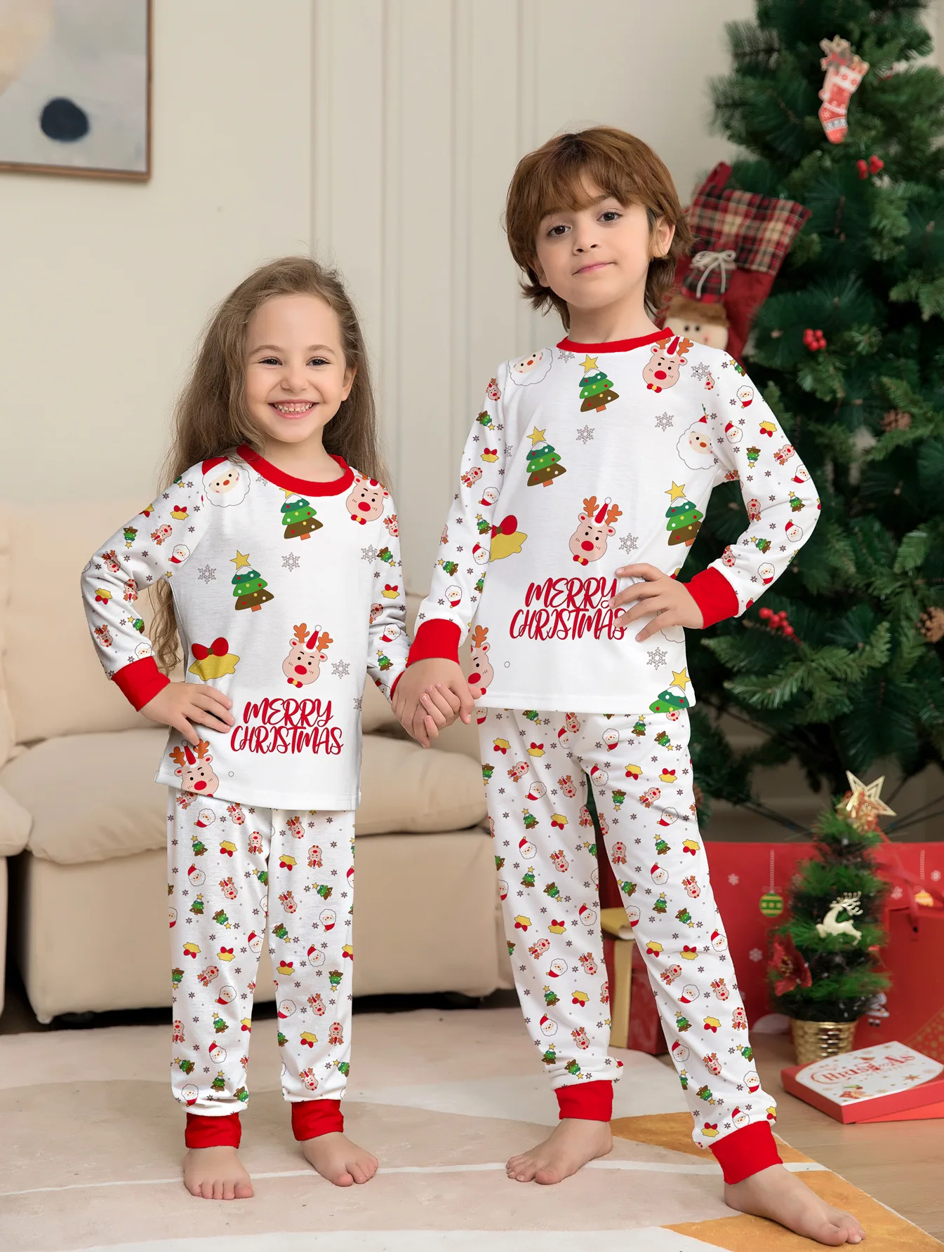 Xmas Family Pajamas Set Christmas Tree Print Casual Parent-child Matching Outfits  Baby Jumpsuit+Dog Clothes Xmas Sleepwear Look 4