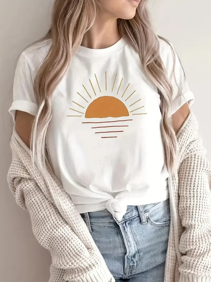 Creative Sun Printing T-shirt Women Hip Hop Summer Tops Crewneck All-Match Short Sleeve Cotton Comfortable Female Clothing 10 Creative Sun Printing T-shirt Women Hip Hop Summer Tops Crewneck All-Match Short Sleeve Cotton Comfortable Female Clothing