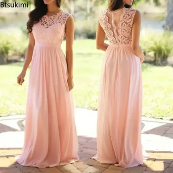 2025 Women Elegant Lace Patchwork Long Dress Female Solid Wedding Bridesmaid Party Maxi Dress Robe Femme Vestidos Dresses S-5XL