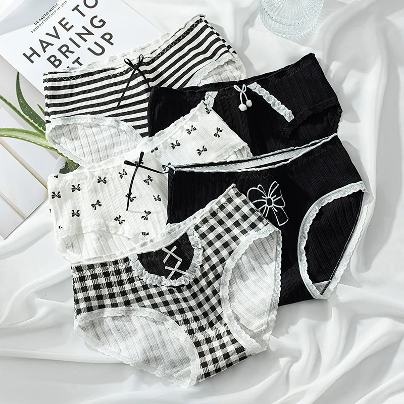 Women Cotton Underwear Cute Lolita Bow Print Panties Girl Briefs Mid-waist  Sexy Panties Women Lingeries Student Underpants Panty