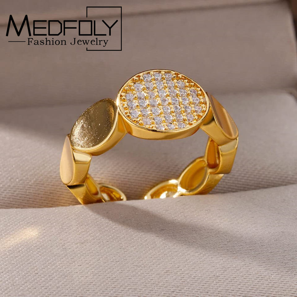 MEDFOLY Zircon Flower Rings For Women Gold Plated Stainless Steel Flower Blossom Sakura Trend Elegant Luxury Aesthetic Jewelry
