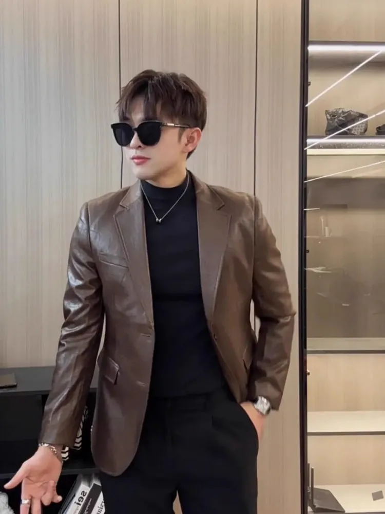 New Mens Single Breasted Faux Leather Suit Jacket Slim Fit Long Sleeve Casual Blazers Solid Color High Street Fashion Coat Male