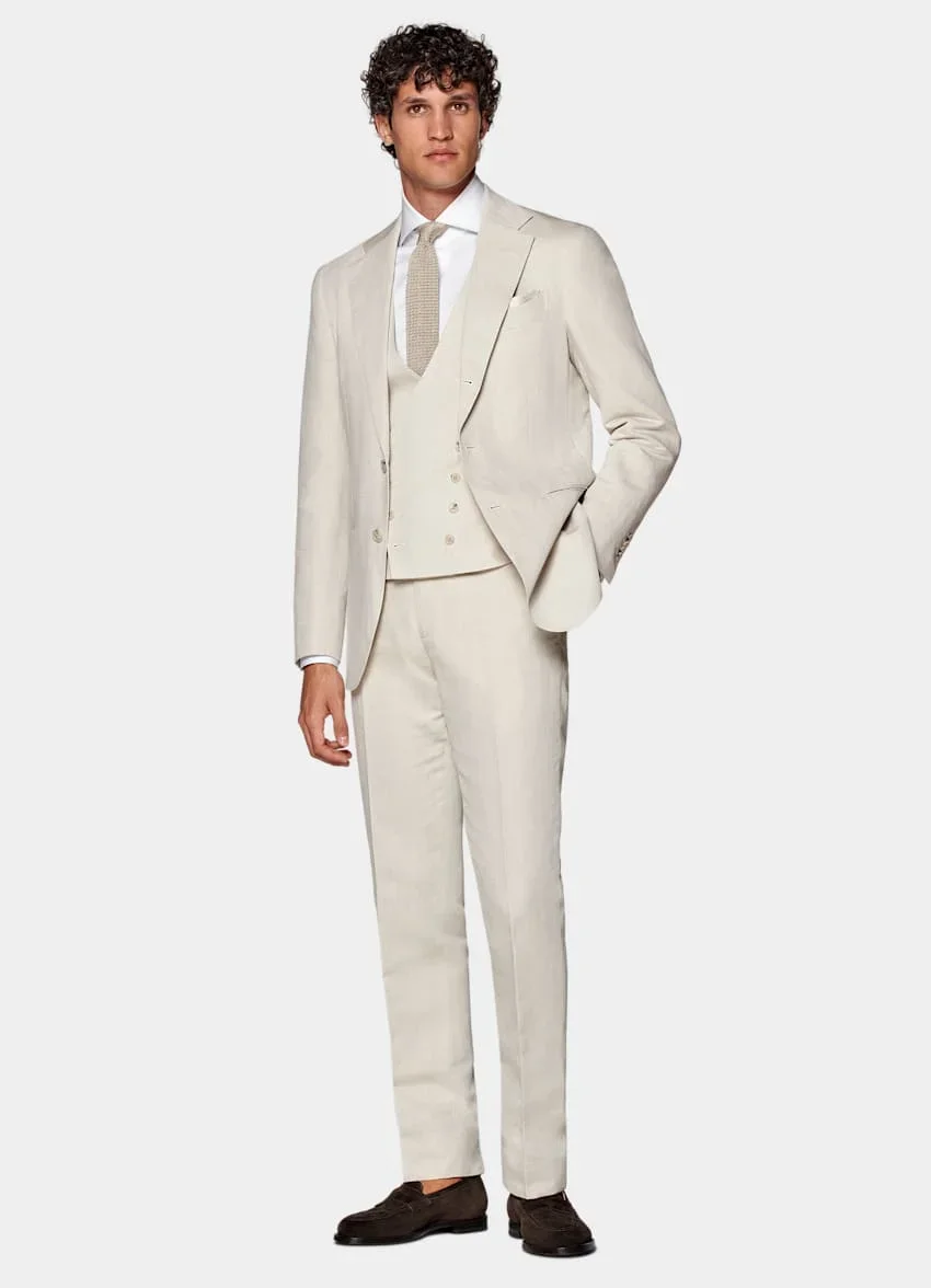 Elegant 2024 Beige Summer Linen Men Suit Smart Casual Slim Fit Blazers Business High Quality Custom 3 Piece Set Costume Homme