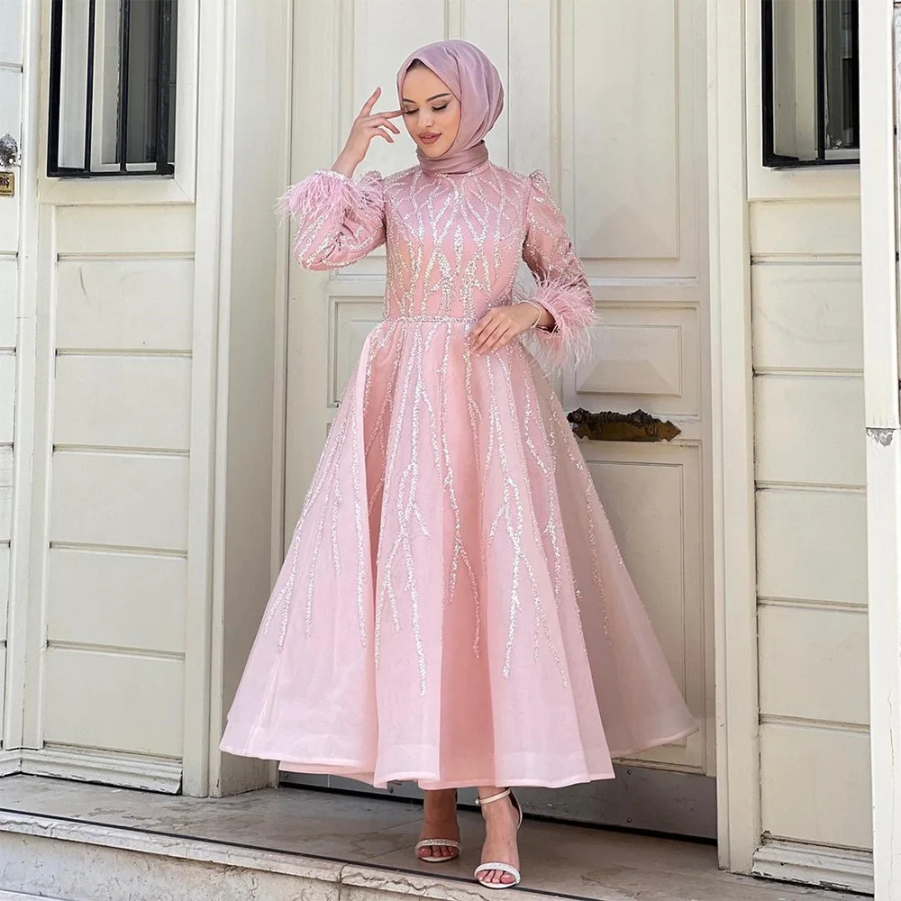 

Sevintage Modest Pink Sequined Beading Prom Dresses Long Sleeves High-Neck A-Line Arabic Muslim Evening Dress Engagement Gowns