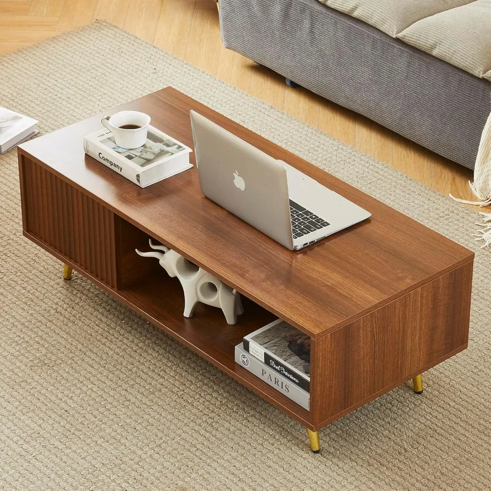 LED Coffee Tables with 16 Colors LED Lights, Modern Minimalist Coffee Table with Fluted Panel, Rectangle Center Table Game Table 5