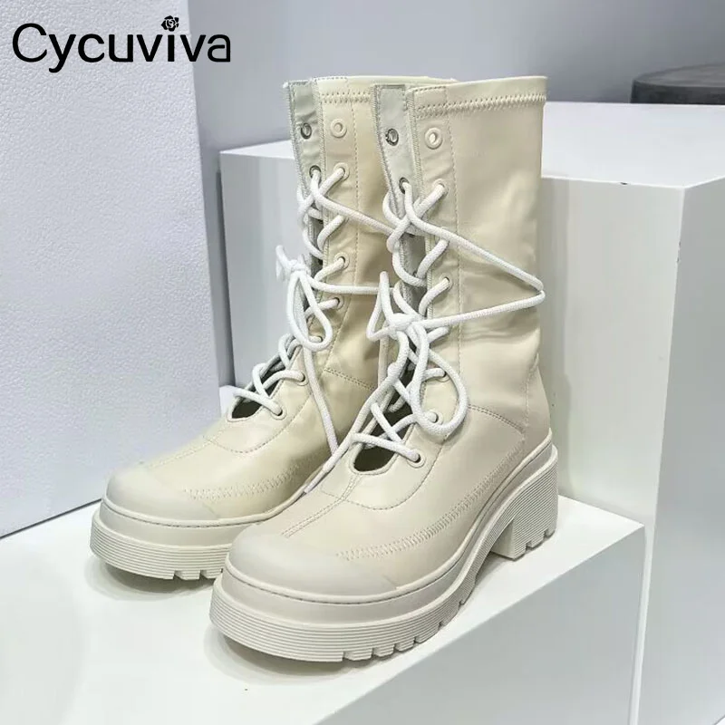 

New Autumn Thick Sole Platform Chelsea Boots Women Real Leather Lace Up Mid Calf Boots Winter Brand Shoes Designer Botas Mujer