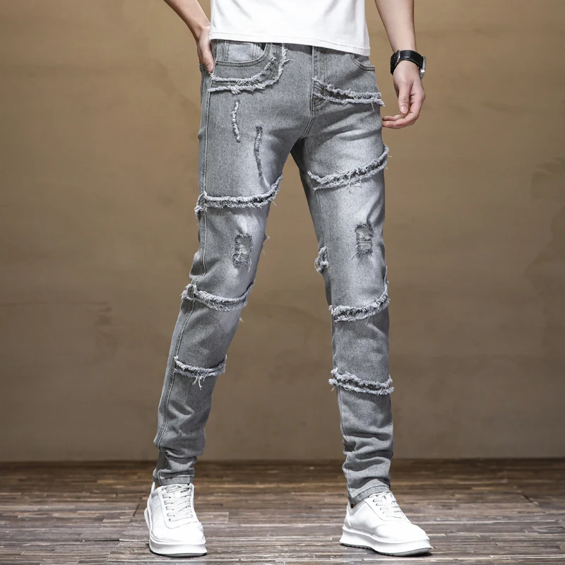 2024New Handsome Ripped Stitching Jeans Men's Slim Fit Stretch Personality Frayed Retro Personality Washed Motorcycle Trousers
