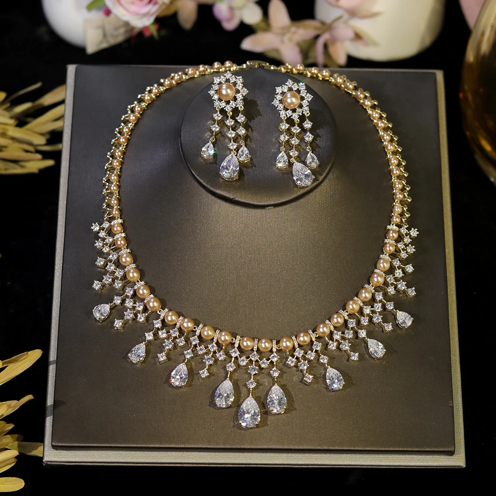 ASNORA Zirkonia Goldene Perlen Schmuck Set Braut Hochzeit CZ Halskette für Bräute conjuntos femininos elegantes_voghion.com