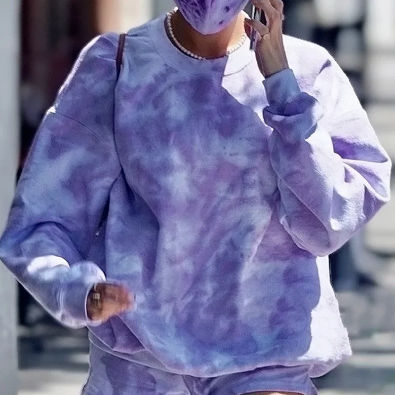 Fashion Women's Purple Cotton Tie-dye Loose Casual Pullover Sweater Fashion Sports Suit Temperament Lazy Style Sweatshirt