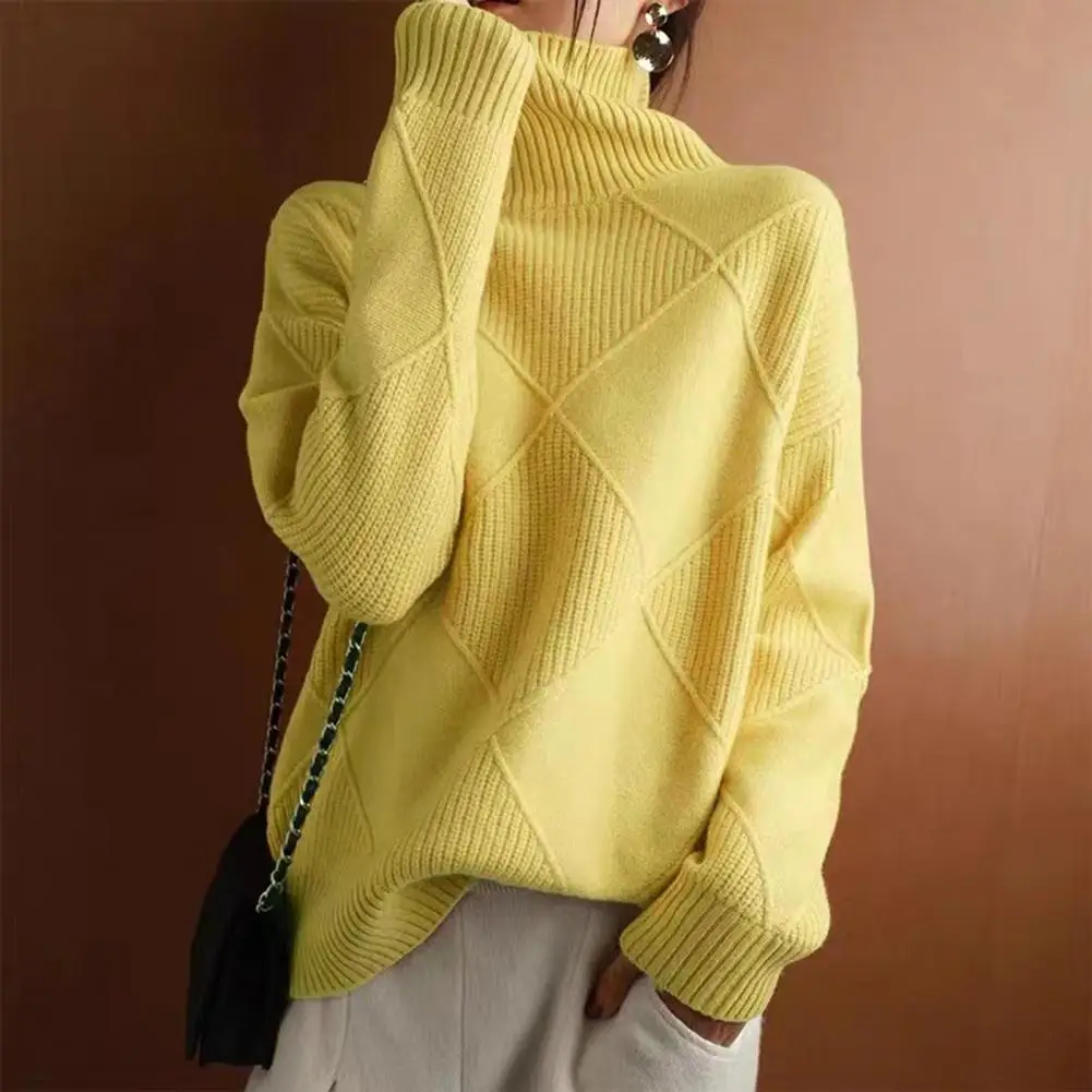 

Turtleneck Long Sleeves Rhombus Texture Ribbed Trim Knitwear Jumper Winter Solid Color Loose Warm Pullover Sweater Pull Femme