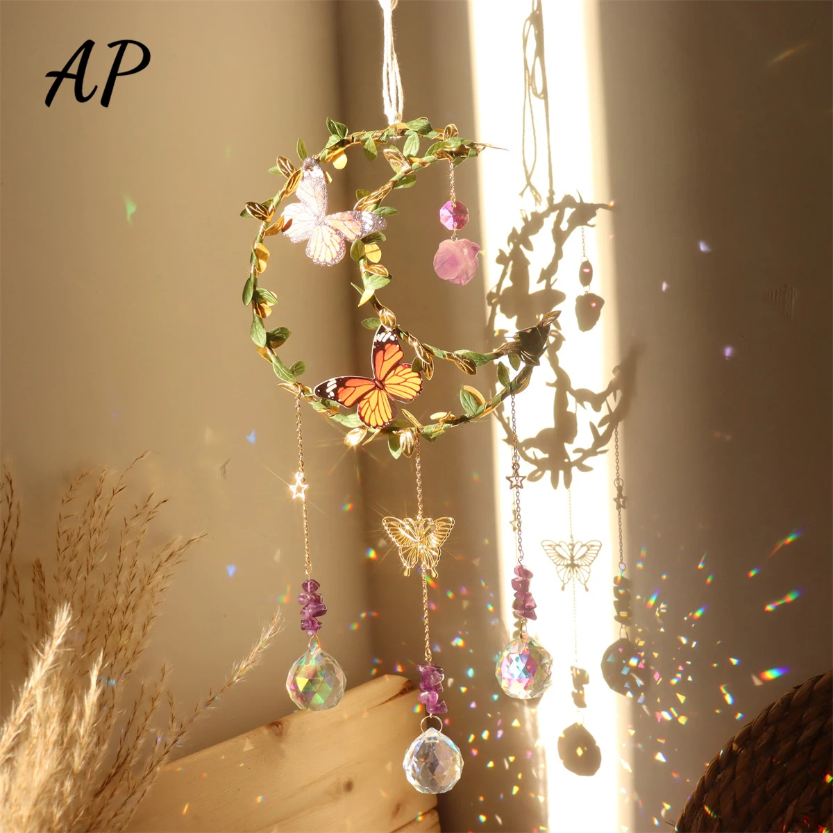 

1PC Natural Crystal Amethyst Raw Stone Sun Catcher Healing Gemstone Crystal Butterfly Wind Chime Window Garden Hanging Ornament