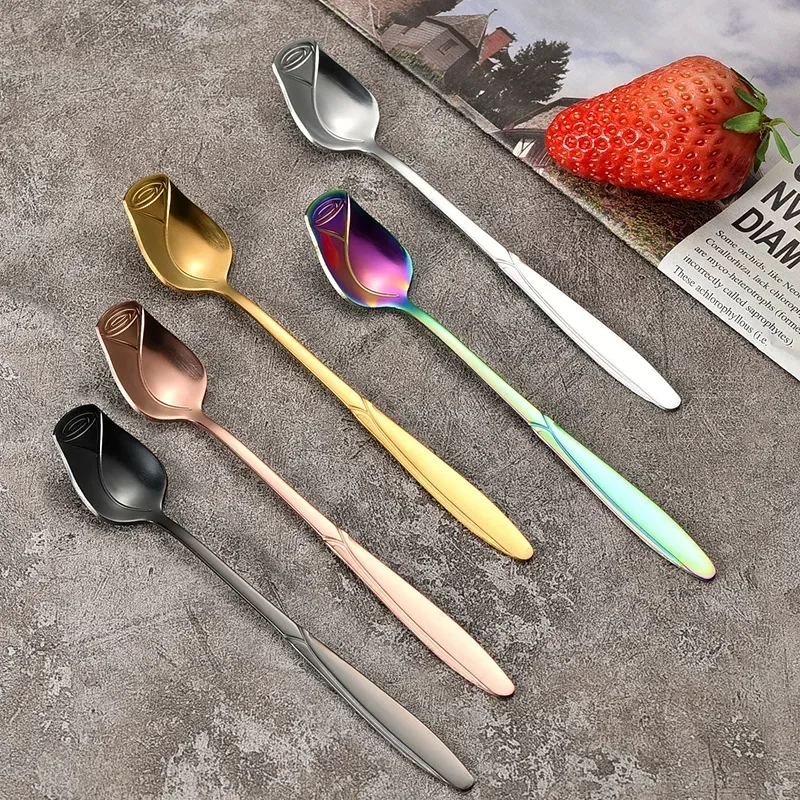 Rose Small Spoon with Long Handle Stainless Steel Long Spoon Small Rose Stirring Teaspoon for Dessert Coffee Cake Nice Gift