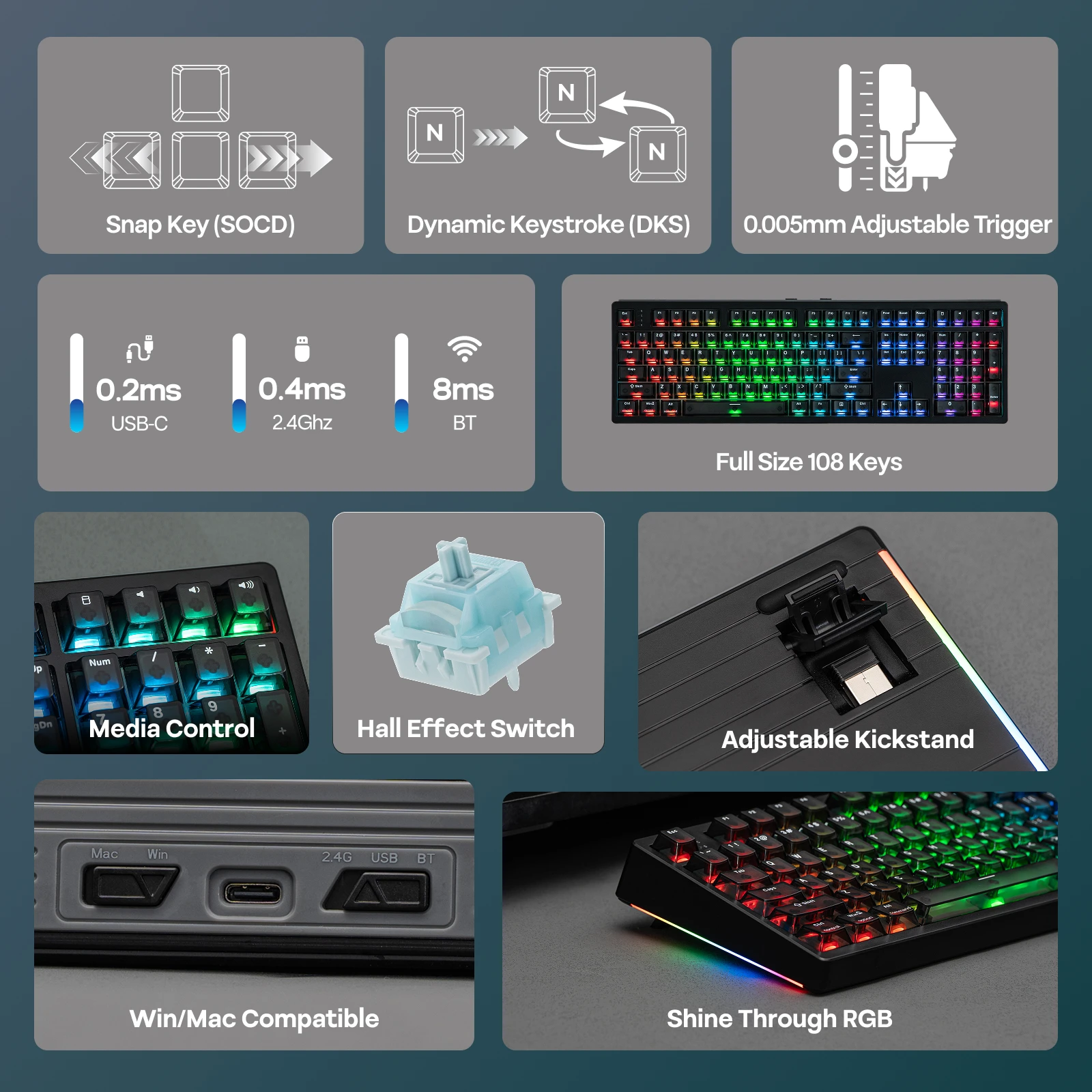 EPOMAKER HE108 100% ANSI US QWERTY 레이아웃 유선/BT/2.4Ghz 무선 홀 이펙트 기계식 키보드 (SOCD/DKS 및 래피드 트리거 기능 탑재)