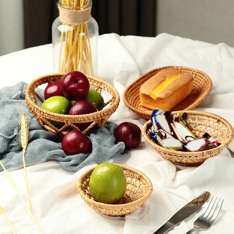 Handmade Rattan Woven Basket Fruit Cake Bread Food Plate Snack Serving Tray For Dinner Parties Coffee Breakfast Container 2