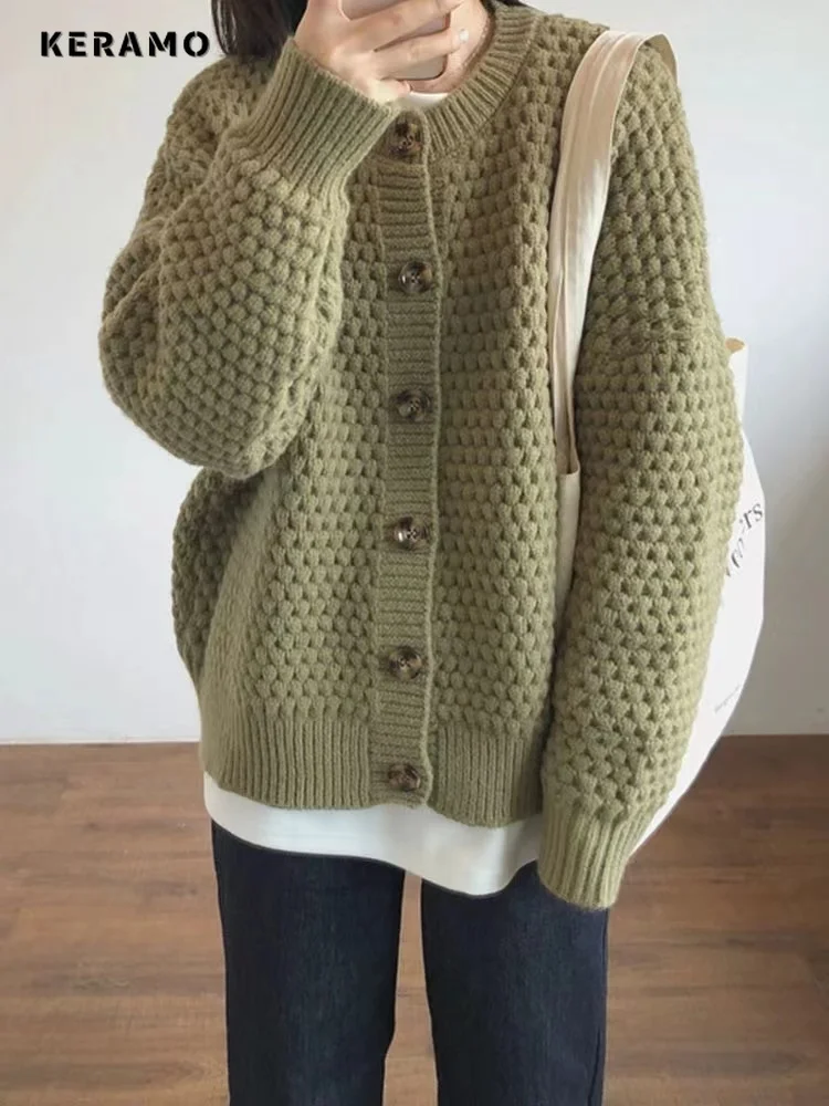 

Women's Vintage Knitting Long Sleeve Casual Cardigan 2023 Autumn Winter Fashion Round Neck Solid Ladies Loose Sweater Top