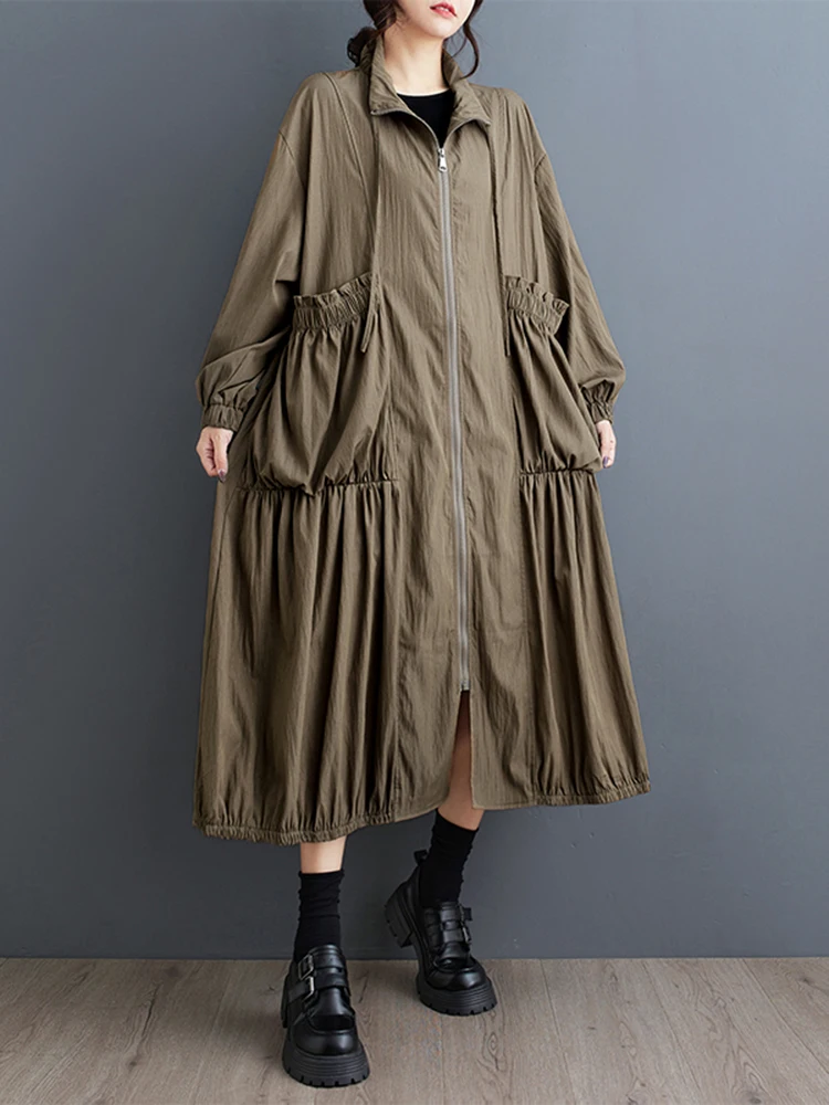 Khaki Oversized Zipper Long Trench Coat For Women Patchwork Pocket Casual Loose Vintage Outerwear Cardigan Autumn Winter 2024