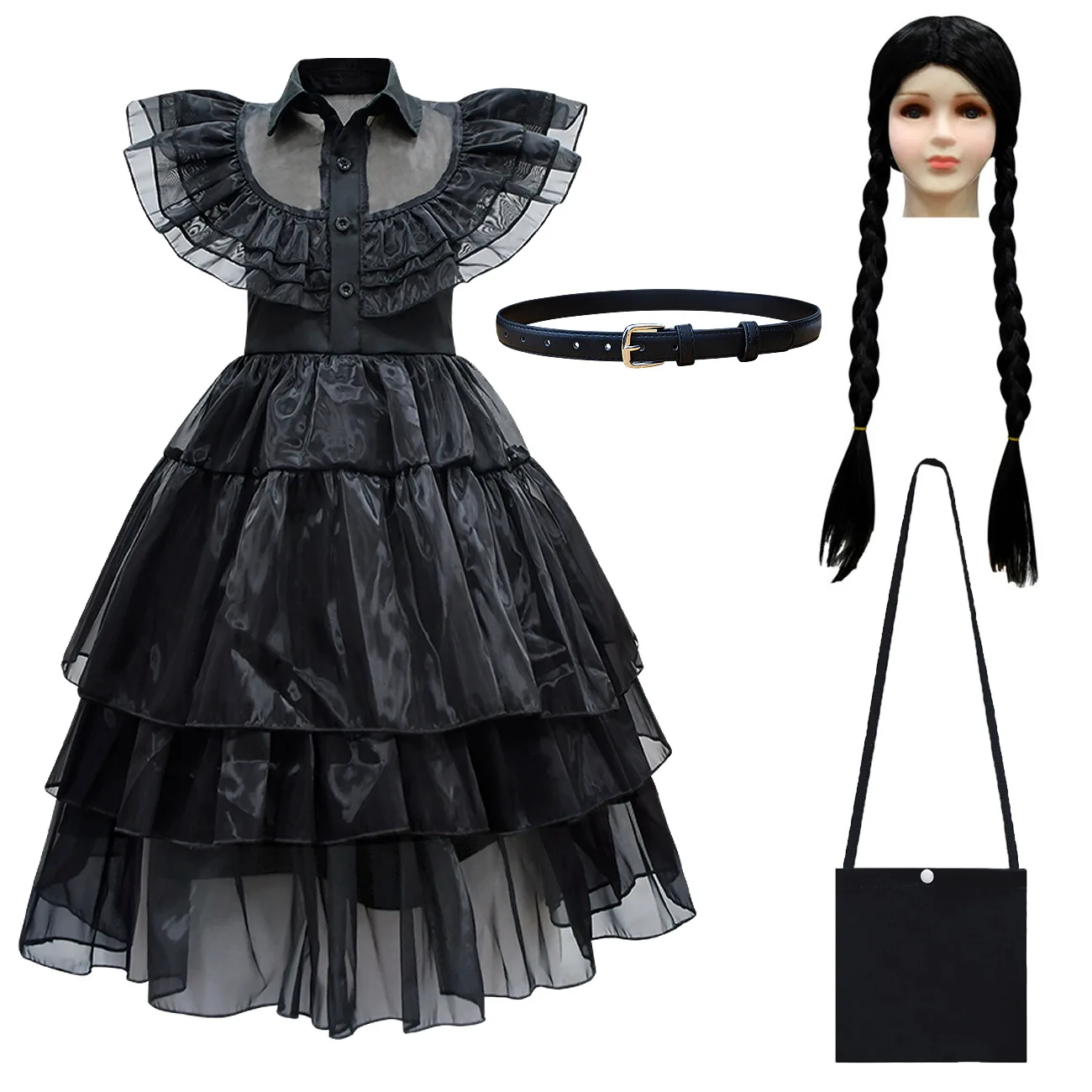 

CosDaddy Adams Cosplay Costume Children Girl's Gauze Skirt Party Evening Dress Wig Bag Wednesday Halloween Black Dress Costume