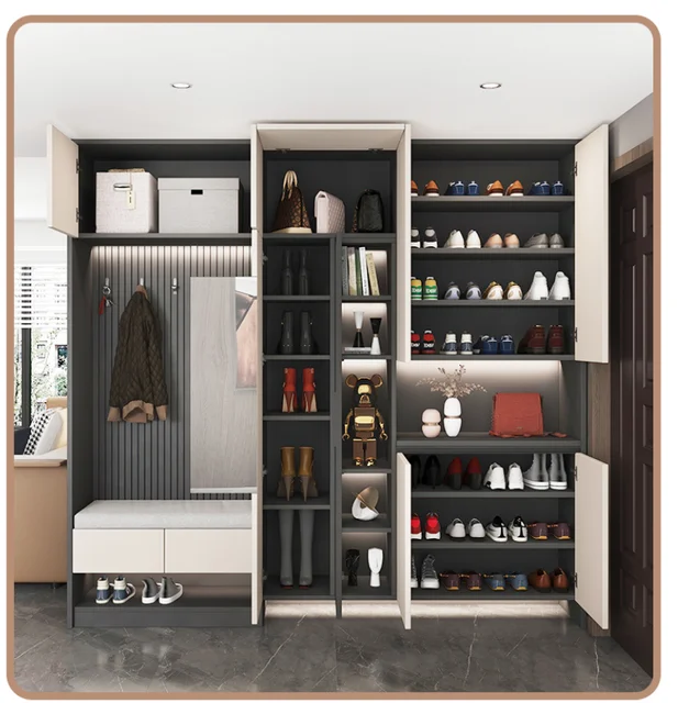 โมเดิร์นหรูหราไม้ห้องโถงกระจกเฟอร์นิเจอร์เก็บสมาร์ทชั้นวางรองเท้าตู้ PVC Lacquer อะคริลิค MDF รวมทั้งอ่างล้างจานบานพับก๊อกน้ํา 4