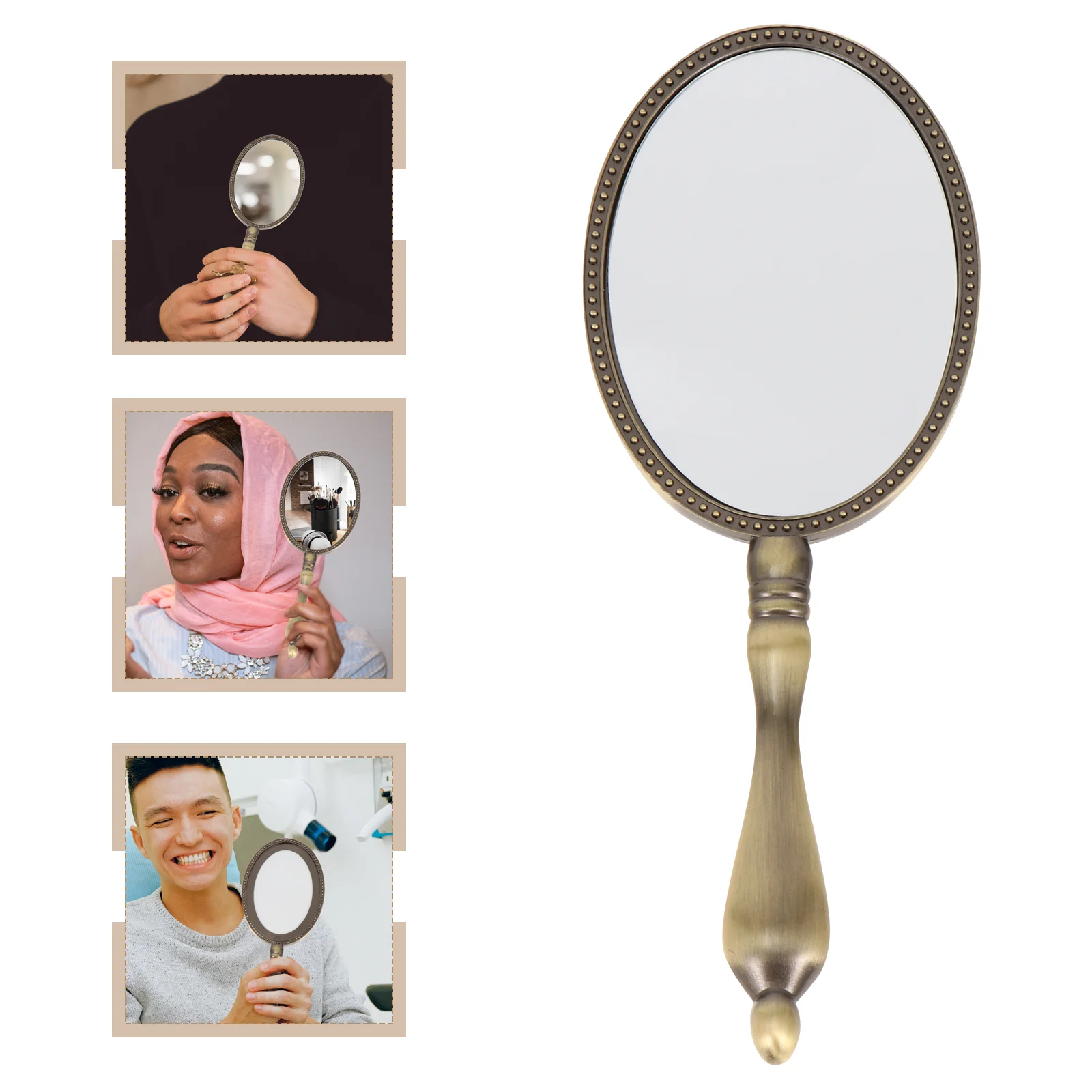 Vintage Copper Color Travel Vanity Mirror Personal Oval Hand Mirror Straight Handle Mirror For SPA Salon Makeup Pocket