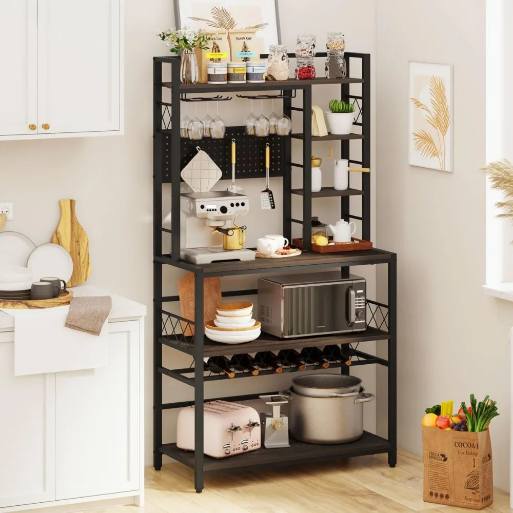 Wine Rack Freestanding Floor, Liquor Bar Cabinet with Storage, Coffee Bar Table with Glass Holder，Bakers Stand for Home