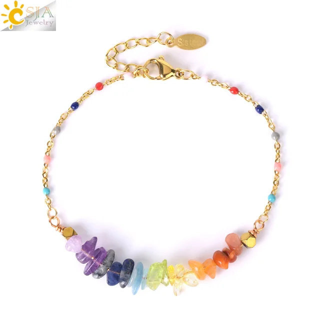 CSJA 7 Chakra Natural Stone Crystal Bracelet for Women Stainless Steel Link Chain Amethysts Chip Crystal Bracelets Jewelry H016 1