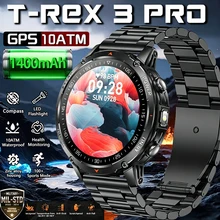 2026 새로운 T-Rex 3 PRO 스마트 시계 남성용 1400mAh 배터리 GPS 트랙 LED 손전등 블루투스 통화 군용 야외 스마트 워치 맨