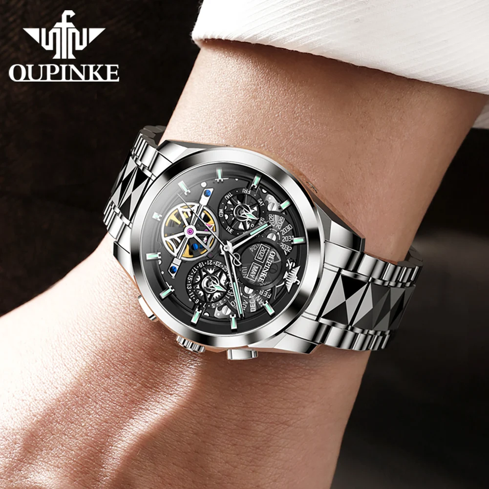 OUPINKE 3233 Men's Watch Hollow Skeleton Automatic Watch For Men 50M Waterproof Sapphire Mirror Date Man Mechanical Wristwatch
