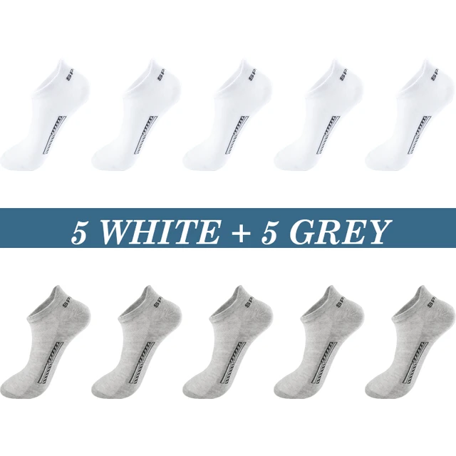 High Quality 10Pairs Men Socks Cotton Summer Sports Breathable Ankle Socks Mesh Casual Athletic Thin Cut Short Plus Size 39-48 5 White 5 Grey