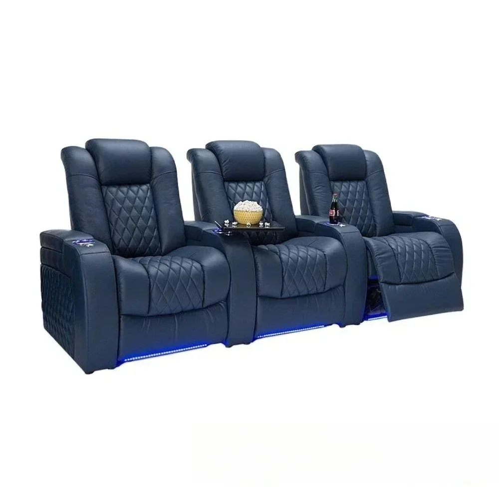 Power Reclining Home Theater Sofa – Dual Motor Genuine Leather Recliner Couch with Massage, USB, Refridgeration Cup Holders