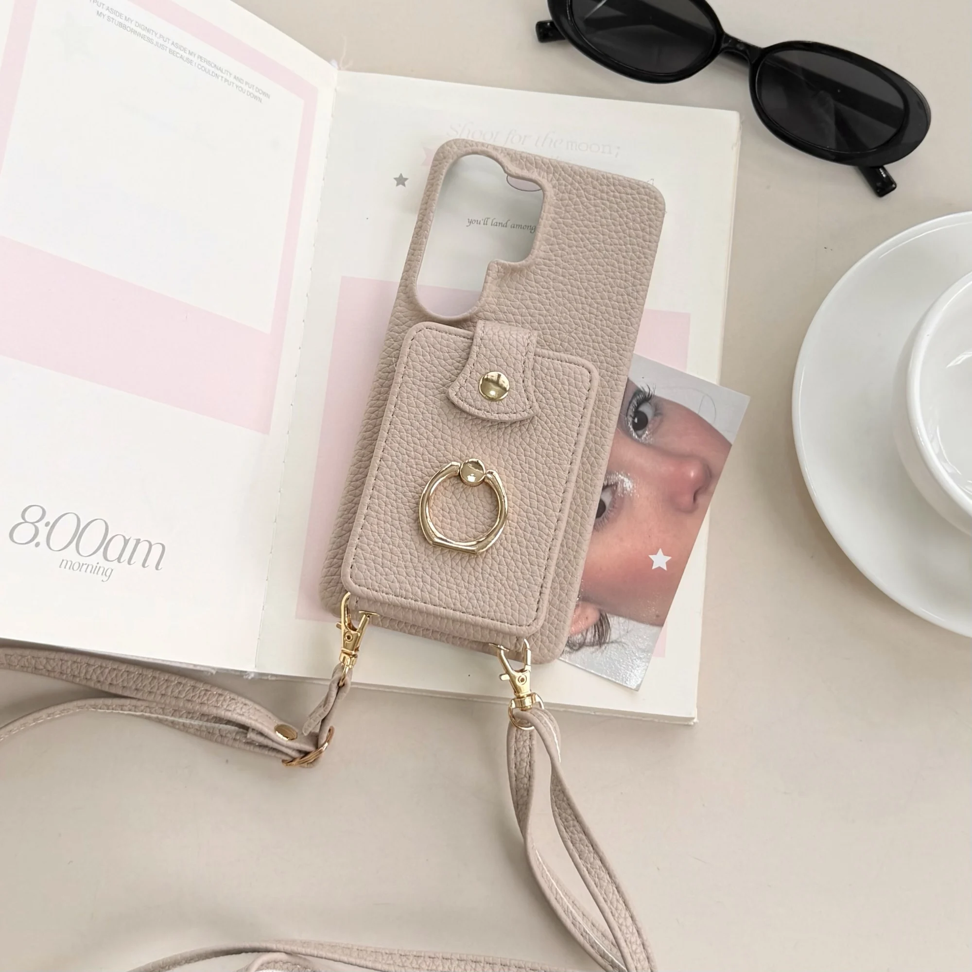 Crossbody Lanyard Phone Case with Card Slot, Ring Holder, and Kickstand in PU Leather