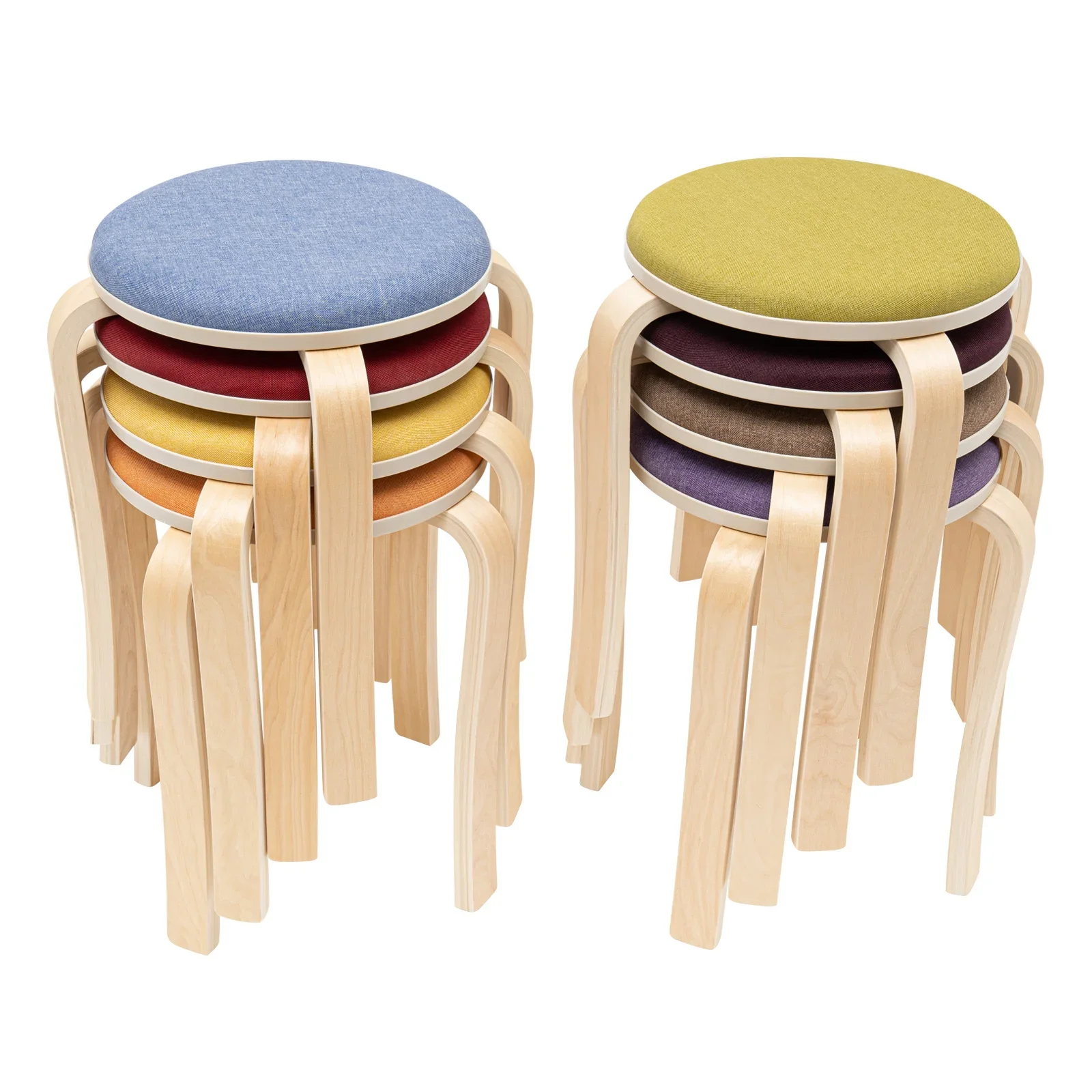 Stackable Stools Set of 8, Upholstered Wood Stool Colorful Round Stacking Stools 17Inch Backless Nesting Stool School Chairs