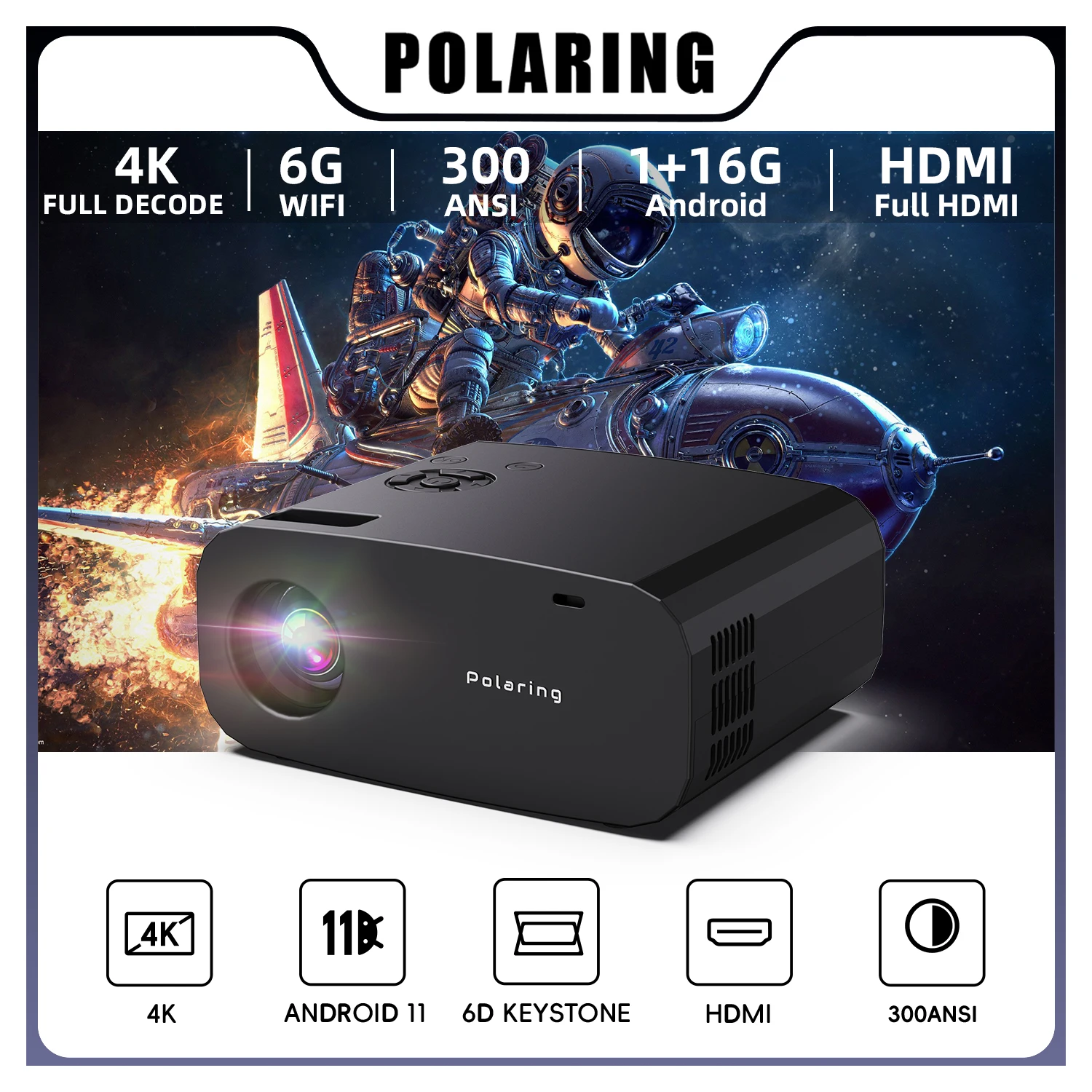 Polaring P7 Pro  Android 16G 1080P Projector Full Decode 4K Projetor Dual 6G Wifi BT 300Ansi Cinema Home Keystone HDMI Proyector