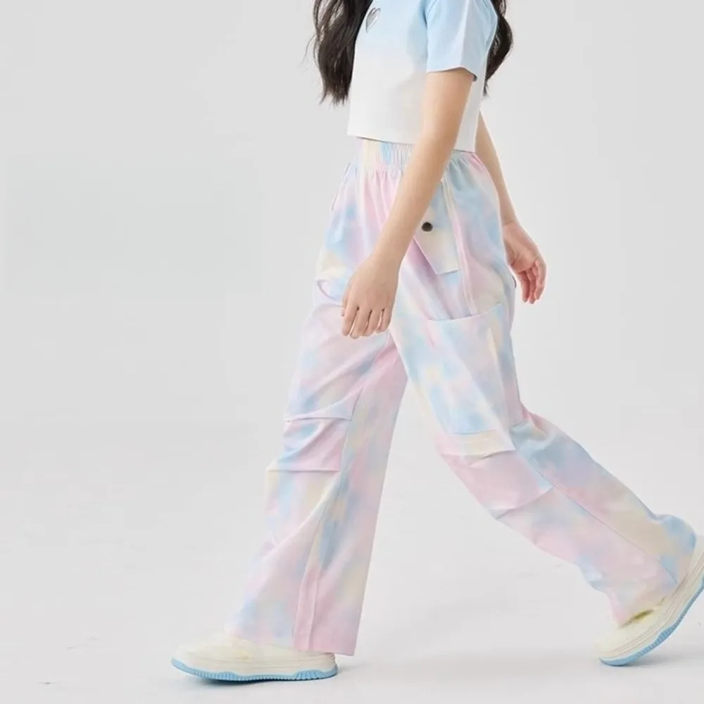 Quick Dry Tie-dye Cargo Pants Korean Style Elastic Fabric Wide Leg Pants Mosquito Proof Lightweight Loose Fit Trousers Daily Use