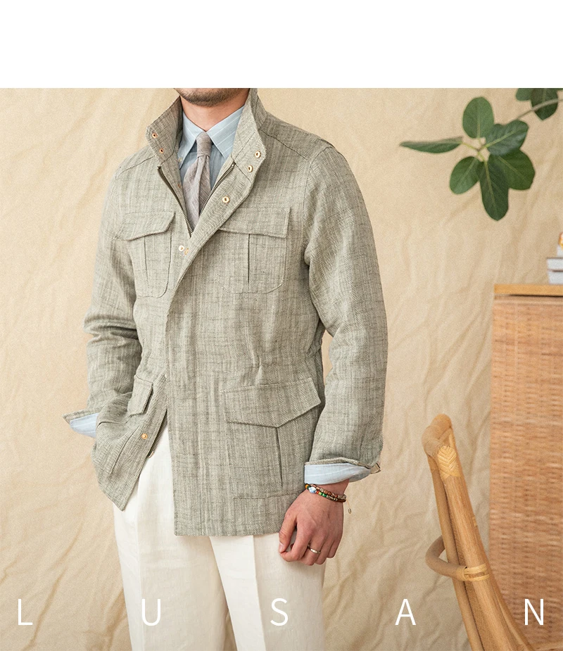 Baumwolle und Leinen, vertikaler Kragen, enge Taille, M65-Jagdjacke, Retro-All-Match-Frühlings- und Sommer-leichte Freizeitjacke – Detail 25