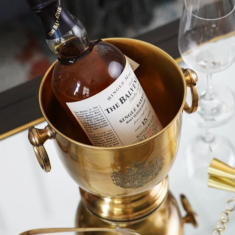 Hand Carved Brass Ice Wine Bucket Cooler Whiskey Wine Holder Retro Luxury Home Bar Barrel Copper Carving Whiskey Barrel