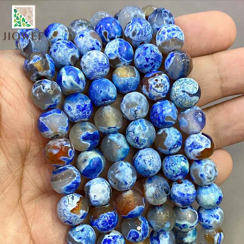 Natural Stone Beads Faceted Blue Frost Cracked Fire Agates Round Loose Beads Diy Bracelet For