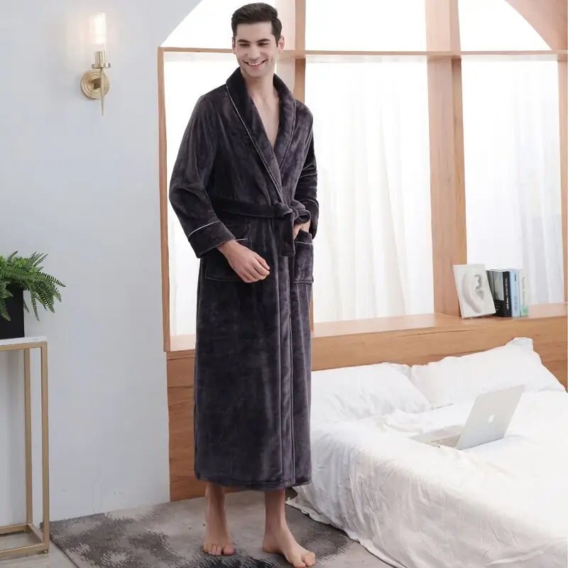Men Luxury Winter Super Long Thick Warm Pocket Flannel Bathrobe Plus Size Fleece Kimono Bath Robe Couple Night Dressing Gown