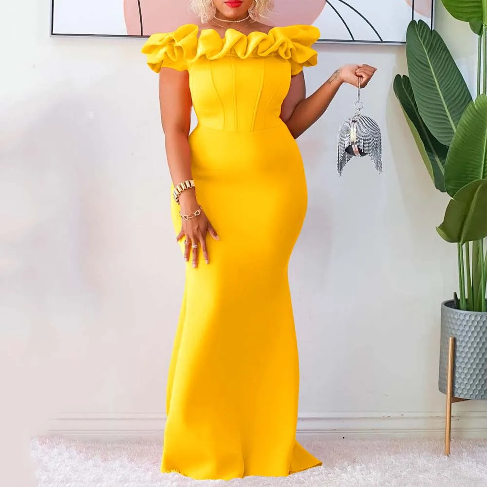 

Elegant Dress for Women Luxury Off the Shoulder Ruffles High Waisted Mermaid Floor Length Fashion Ladies Birthday Party Dress