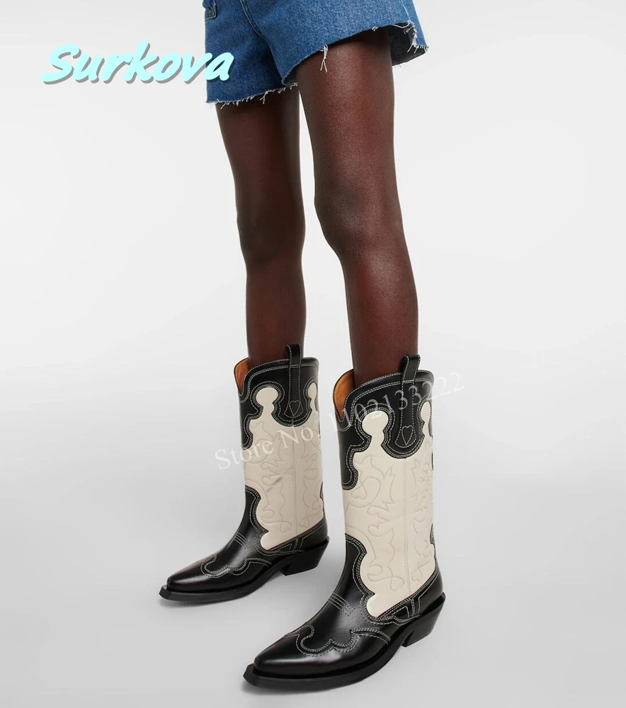 2024 Embroidered Leather Cowboy Boots Pointed Toe Square Low Heel Plus Size Western Boots Fashion Women Shoes Mid Calf Boots